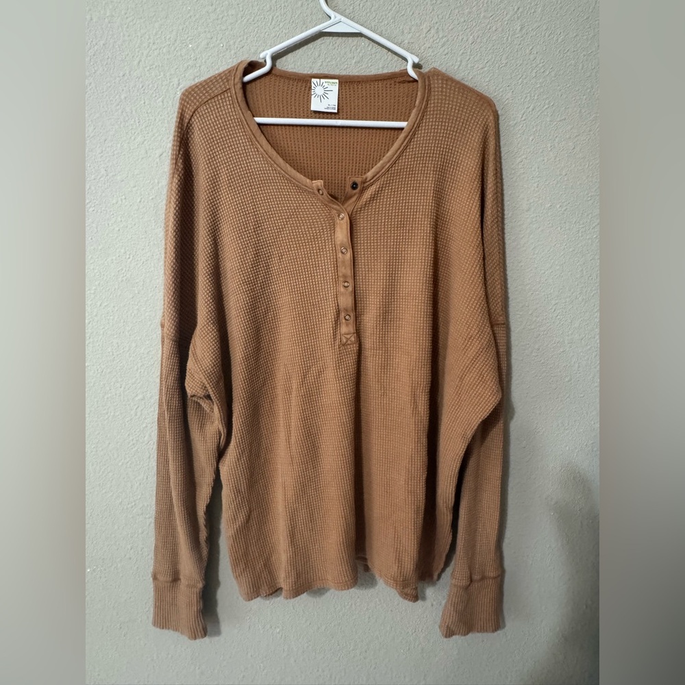Offline by Aerie Long-Sleeve Waffle Top in Camel Brown